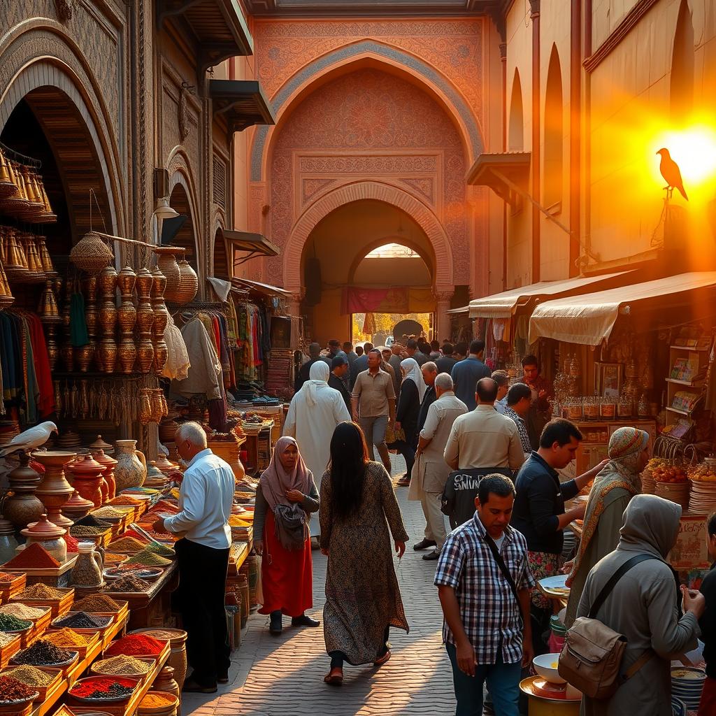 A scenic view of a traditional Arabic market (souk) bustling with activity