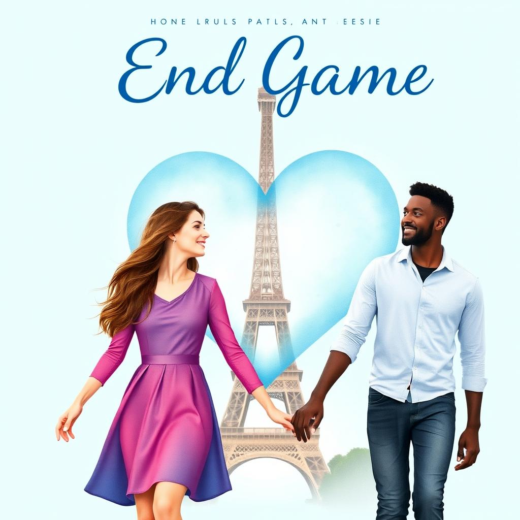 A romantic book cover for "End Game" featuring a pastel blue background