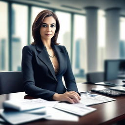 An image of a 38-year-old Middle Eastern woman, with an hourglass figure, dressed in a stylish yet professional suit, in an office setting