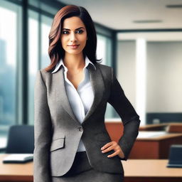 An image of a 38-year-old Middle Eastern woman, with an hourglass figure, dressed in a stylish yet professional suit, in an office setting