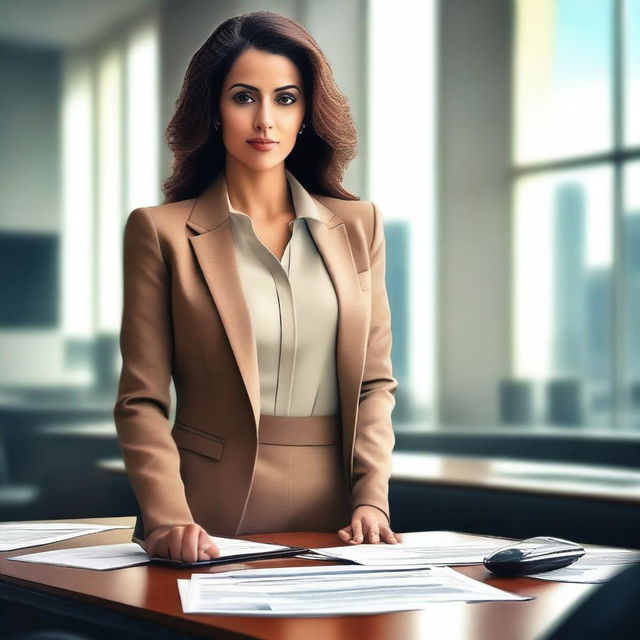 An image of a 38-year-old Middle Eastern woman, with an hourglass figure, dressed in a stylish yet professional suit, in an office setting