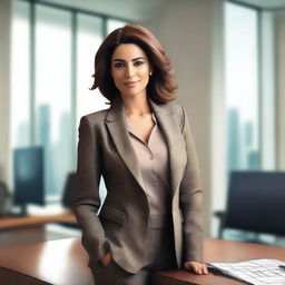 An image of a 38-year-old Middle Eastern woman, with an hourglass figure, dressed in a stylish yet professional suit, in an office setting