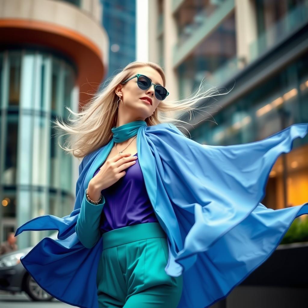 An elegant and fashionable composition featuring a stylish outfit adorned in cool colors such as blues, greens, and purples