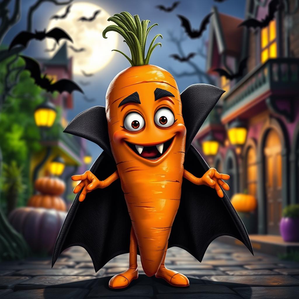 A whimsical and quirky scene featuring a realistic carrot character with hands and legs, transformed into a vampire