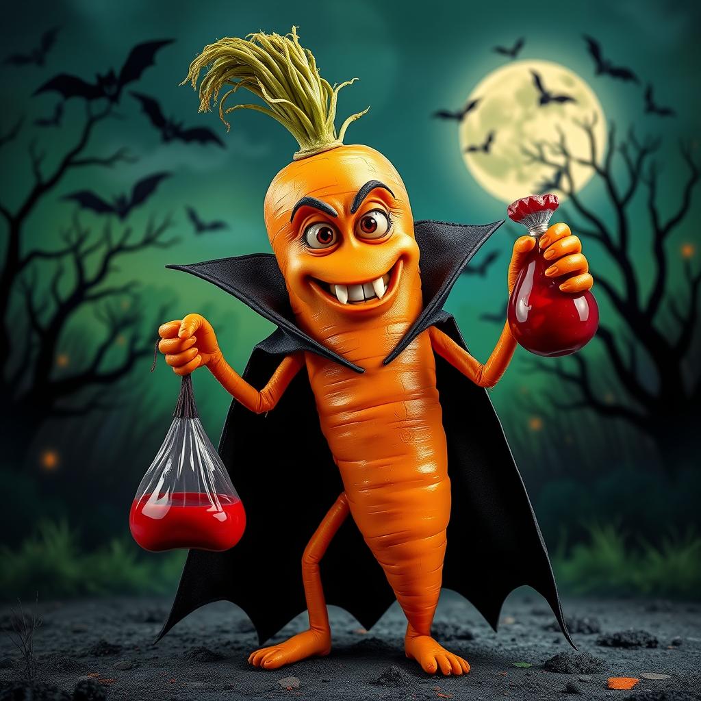A creative and humorous scene featuring a realistic carrot character with hands and legs, transformed into a vampire