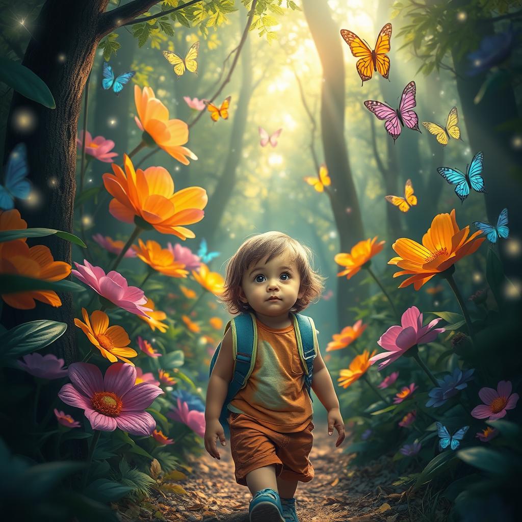 A curious child entering a mysterious forest filled with vibrant, oversized flowers and shimmering, colorful butterflies, sunlight filters through the canopy creating a magical atmosphere, the child is wearing a playful outfit with bright colors, their eyes wide with wonder, a small backpack slung over one shoulder, whimsical elements like sparkling fairy lights in the trees, a gentle breeze rustling the leaves, an air of adventure and curiosity in the scene