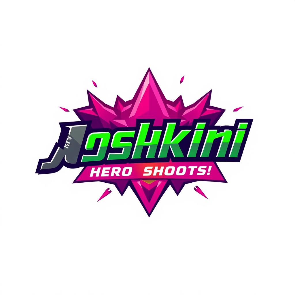 A logo design that embodies the dynamic style of a hero shooter game, prominently featuring the word 'Joshkini' in a bold, eye-catching font