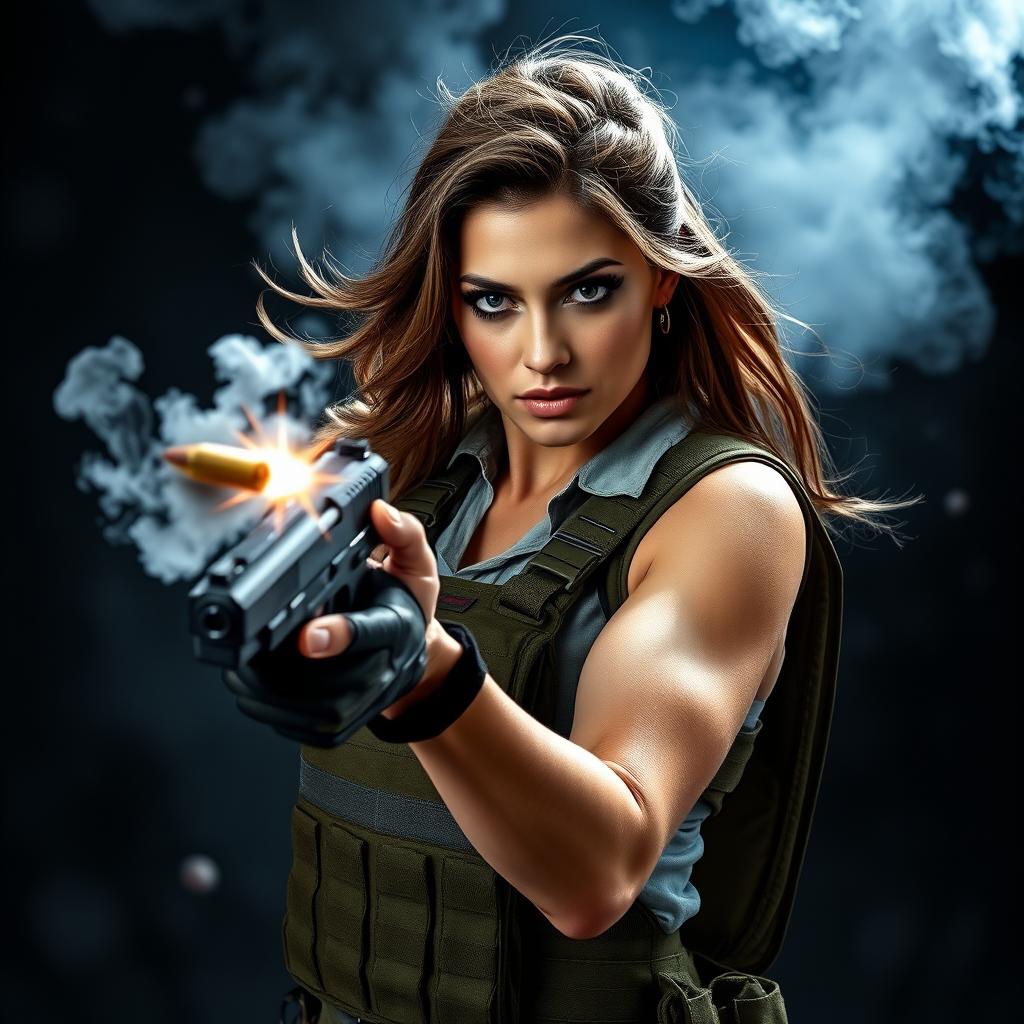 A dynamic scene featuring a confident woman holding a gun with smoke emerging from the barrel, indicating it has just been fired
