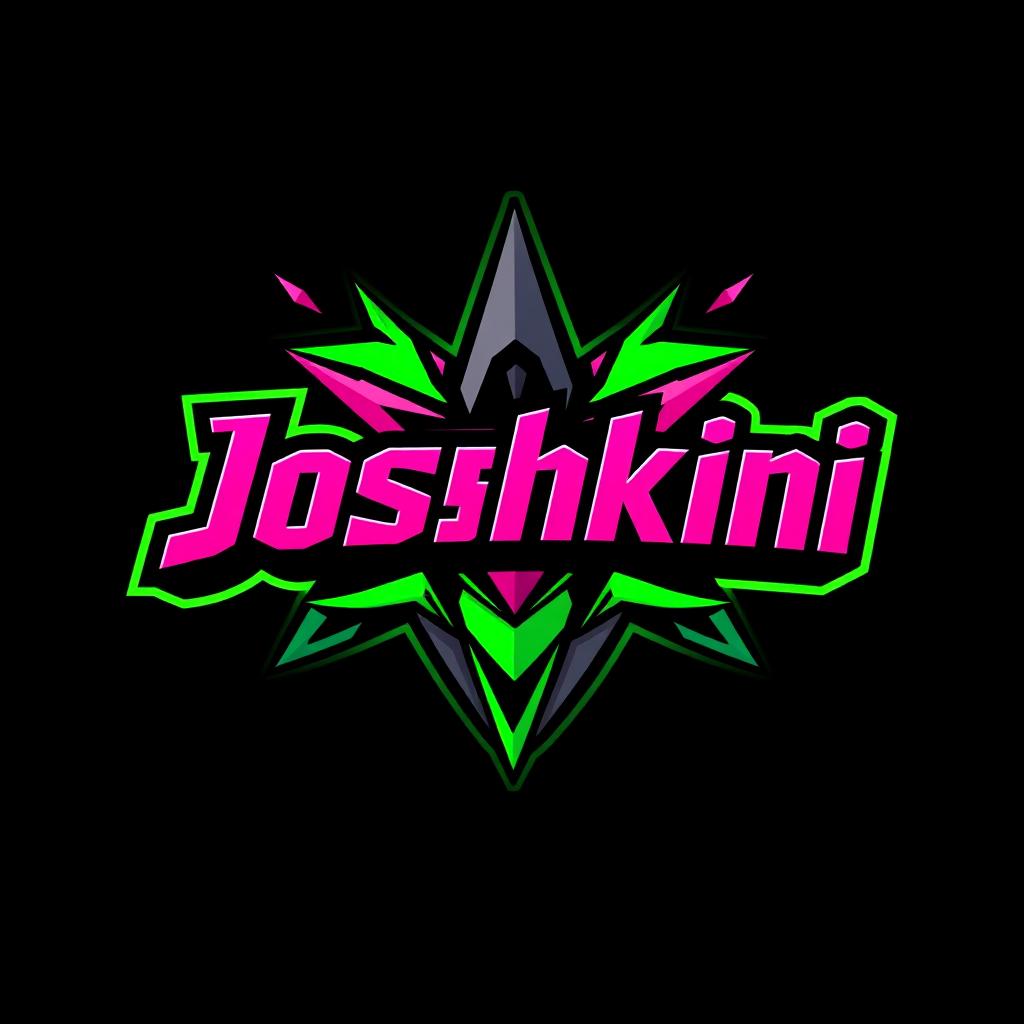 A logo design inspired by the aesthetic of hero shooter games, featuring the text 'Joshkini' in a bold, impactful font