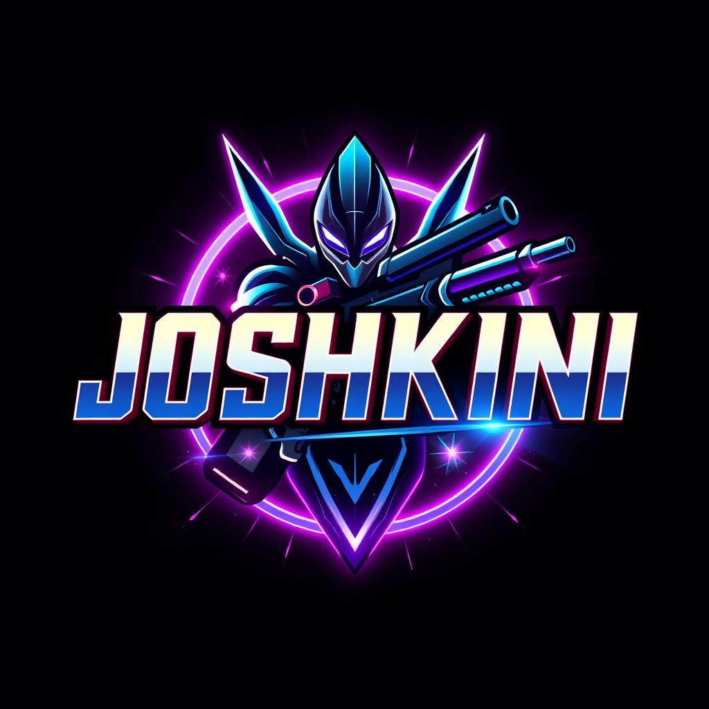 A dynamic logo design inspired by the aesthetic of a heroic shooter game, featuring bold, futuristic typography that highlights the word 'Joshkini'