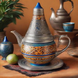 A traditional, ornately designed Moroccan Berrad, featuring intricate patterns and bold, vibrant colors indicative of Moroccan culture, brimming with freshly brewed tea.