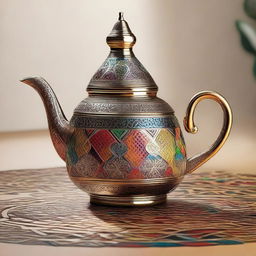 A traditional, ornately designed Moroccan Berrad, featuring intricate patterns and bold, vibrant colors indicative of Moroccan culture, brimming with freshly brewed tea.