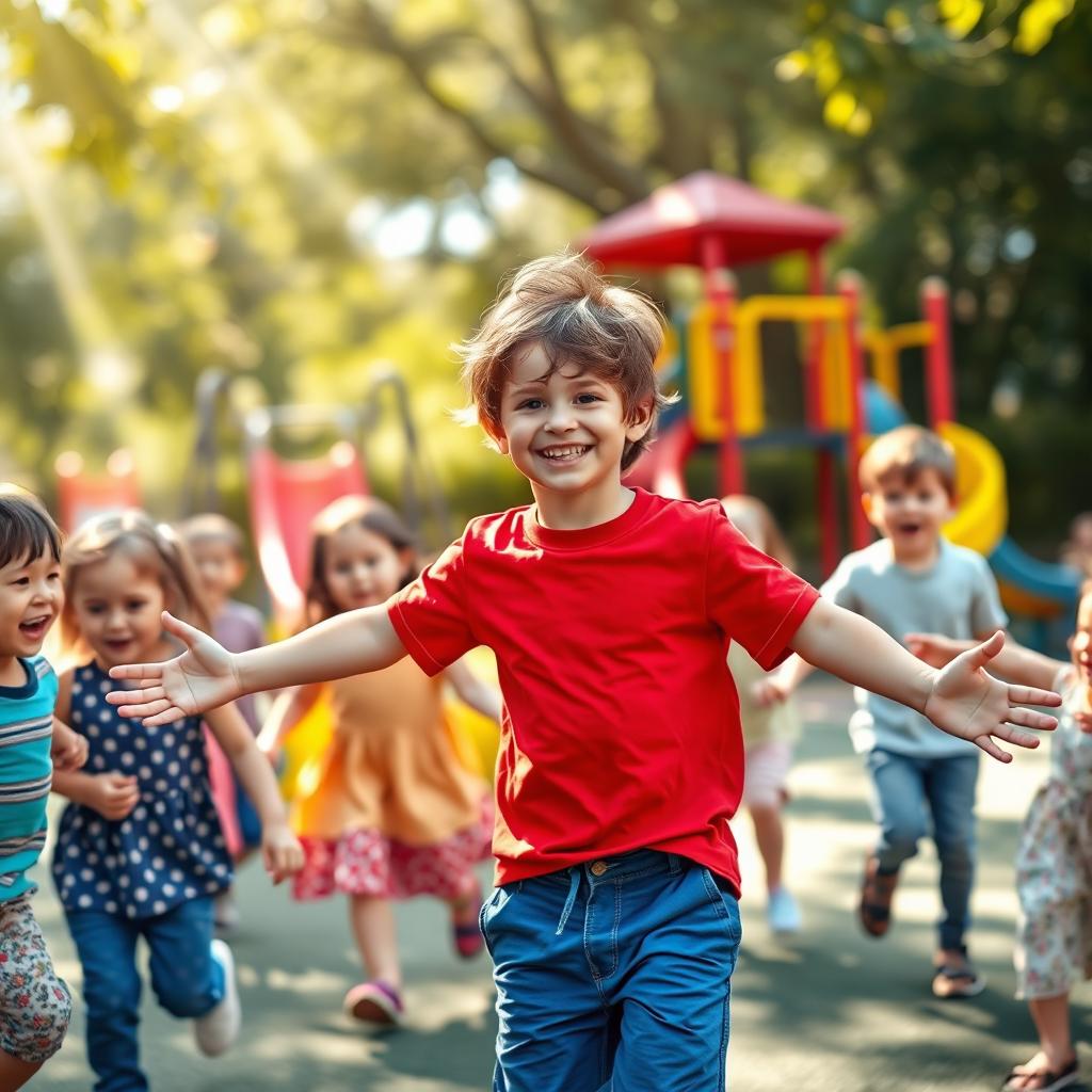 A joyful scene in a warm and vibrant playground where a young boy greets his friends with a big smile and open arms