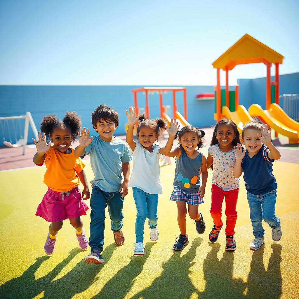 A vibrant scene in a brightly colored playground where a group of happy children are excitedly greeting each other