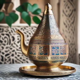 A traditional, ornately designed Moroccan Berrad, featuring intricate patterns and bold, vibrant colors indicative of Moroccan culture, brimming with freshly brewed tea.