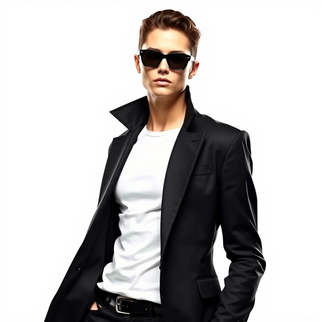 A stylish figure wearing a sleek black jacket, with the outer layer being a fitted and elegant design that highlights a modern silhouette