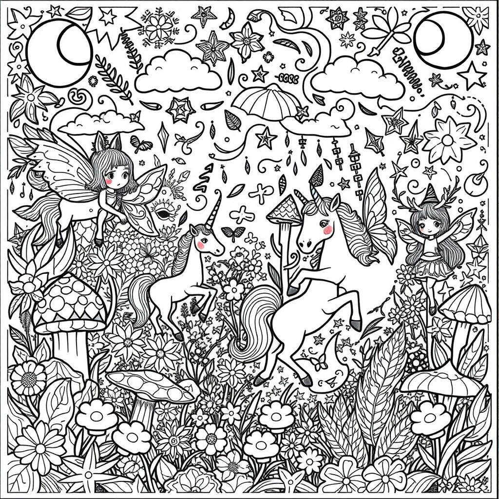 A magical coloring page featuring an intricately designed fantasy scene with whimsical creatures like unicorns and fairies, surrounded by lush gardens full of flowers, mushrooms, and trees