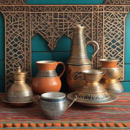 A traditional, ornately designed Moroccan Berrad, featuring intricate patterns and bold, vibrant colors indicative of Moroccan culture, brimming with freshly brewed tea.