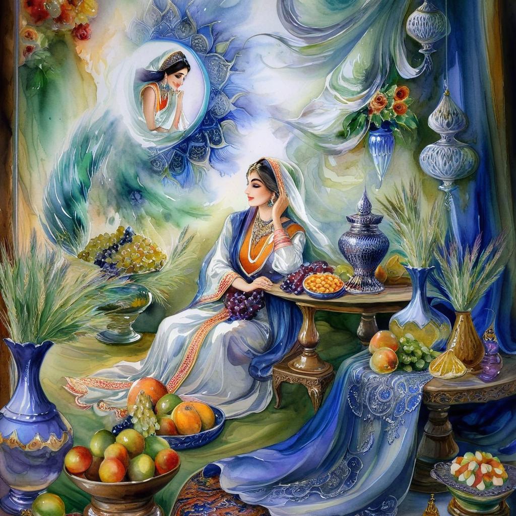 Mystical and spiritual watercolor painting of a beautiful Iranian woman sitting indoors, next to a table with fruit and grape dishes, traditional vases and colorful flowers, Eid greenery, traditional mirror, beautiful candles, small sweets in beautiful dishes, Iranian Nowruz table, Iranian silk carpet, green wheat ears in a traditional jar