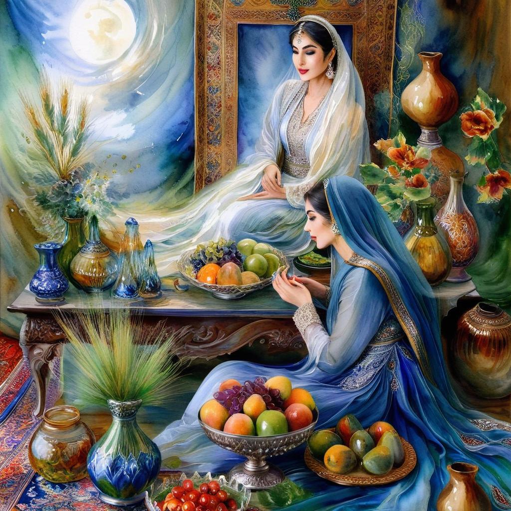 Mystical and spiritual watercolor painting of a beautiful Iranian woman sitting indoors, next to a table with fruit and grape dishes, traditional vases and colorful flowers, Eid greenery, traditional mirror, beautiful candles, small sweets in beautiful dishes, Iranian Nowruz table, Iranian silk carpet, green wheat ears in a traditional jar