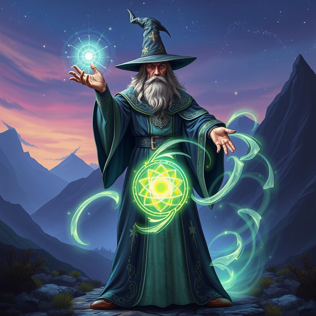 A powerful wizard standing confidently while casting a vibrant spell