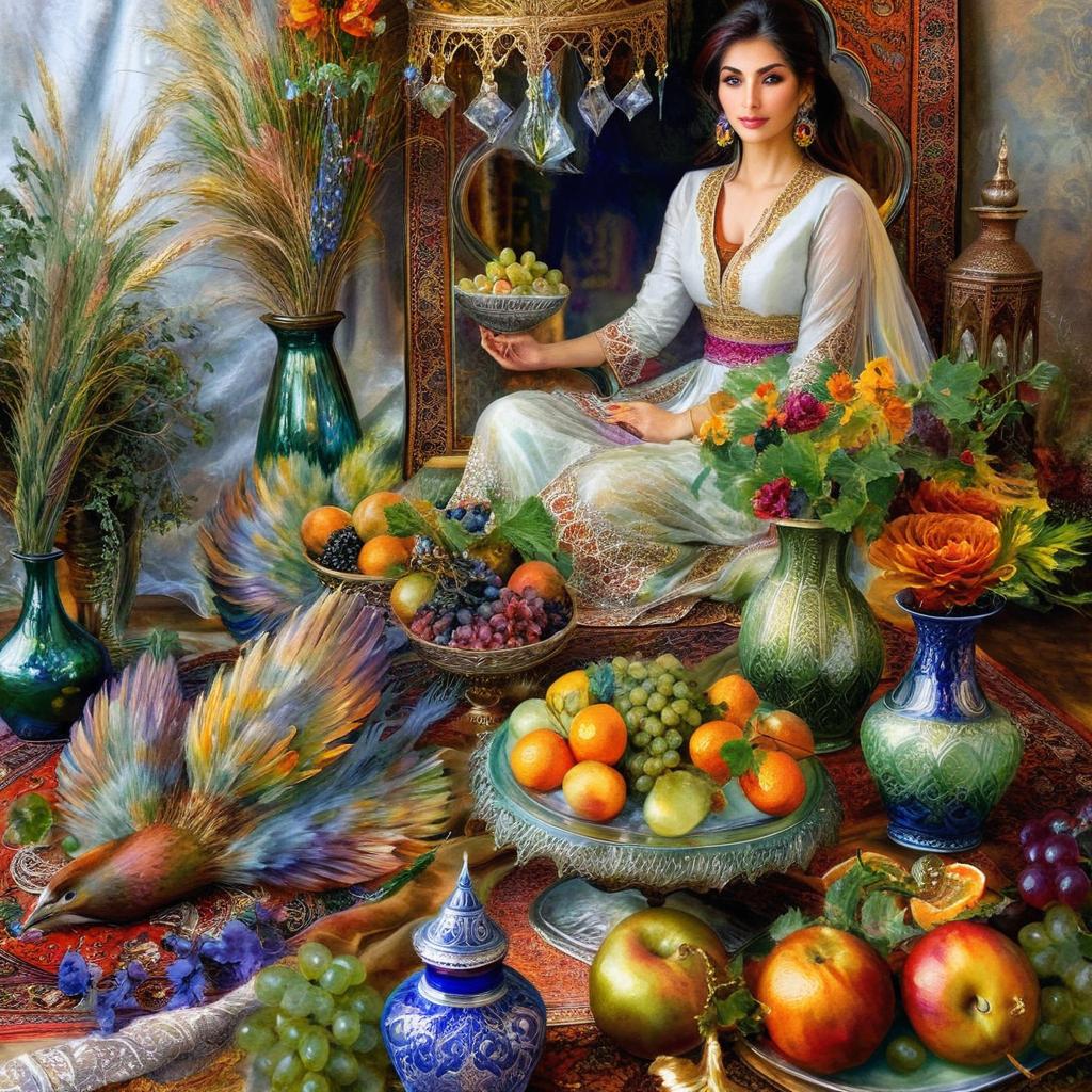 Mystical and spiritual watercolor painting of a beautiful Iranian woman sitting indoors, next to a table with fruit and grape dishes, traditional vases and colorful flowers, Eid greenery, traditional mirror, beautiful candles, small sweets in beautiful dishes, Iranian Nowruz table, Iranian silk carpet, green wheat ears in a traditional jar