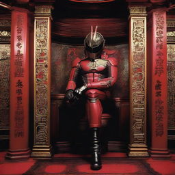 Kamen Rider Drive, iconic Japanese superhero, sincerely confessing to Mickey Mouse in a dimly lit, ornate confessional booth, conveying his involvement in the Iraq war with a heavy heart. Background shows subtle hints of war symbols.