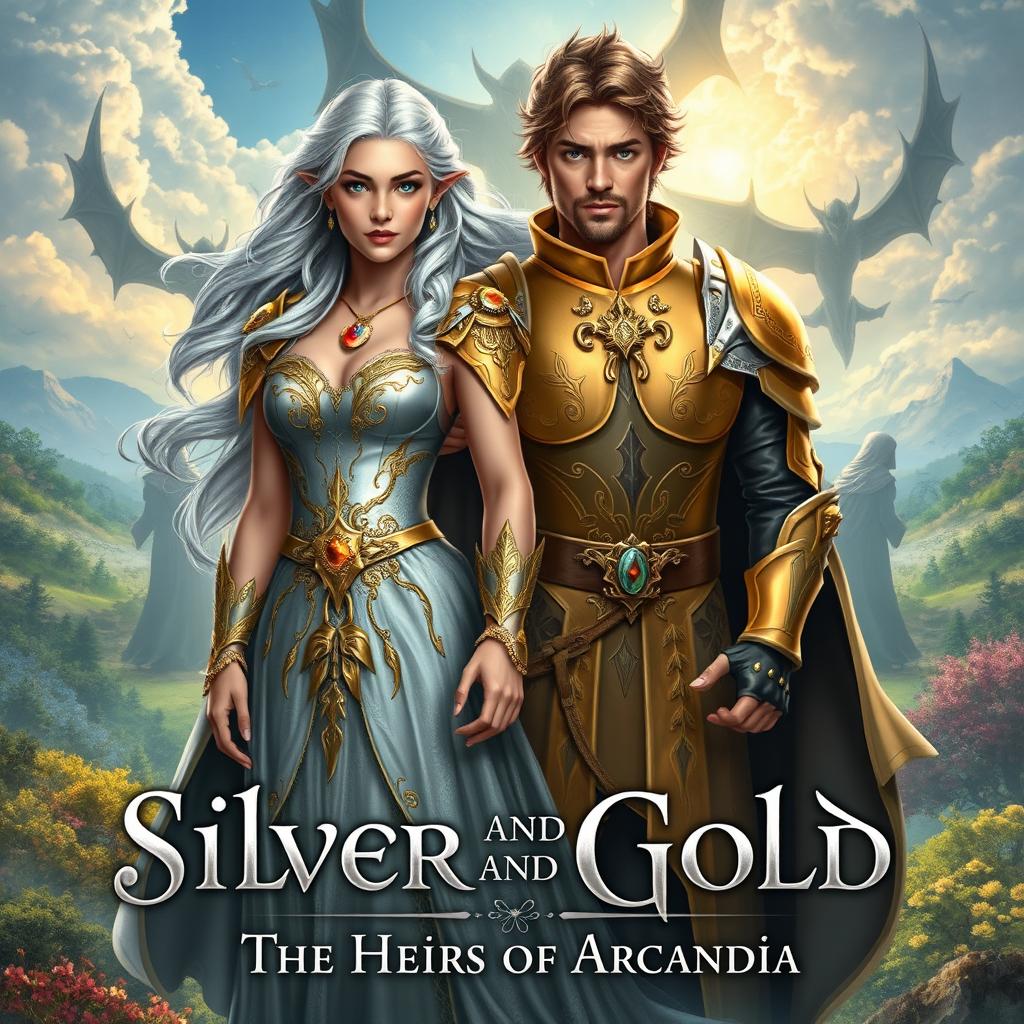 A captivating fantasy book cover design for 'Silver and Gold: The Heirs of Arcandia' focused on the characters Orelia Windborn and Oliver Eldred