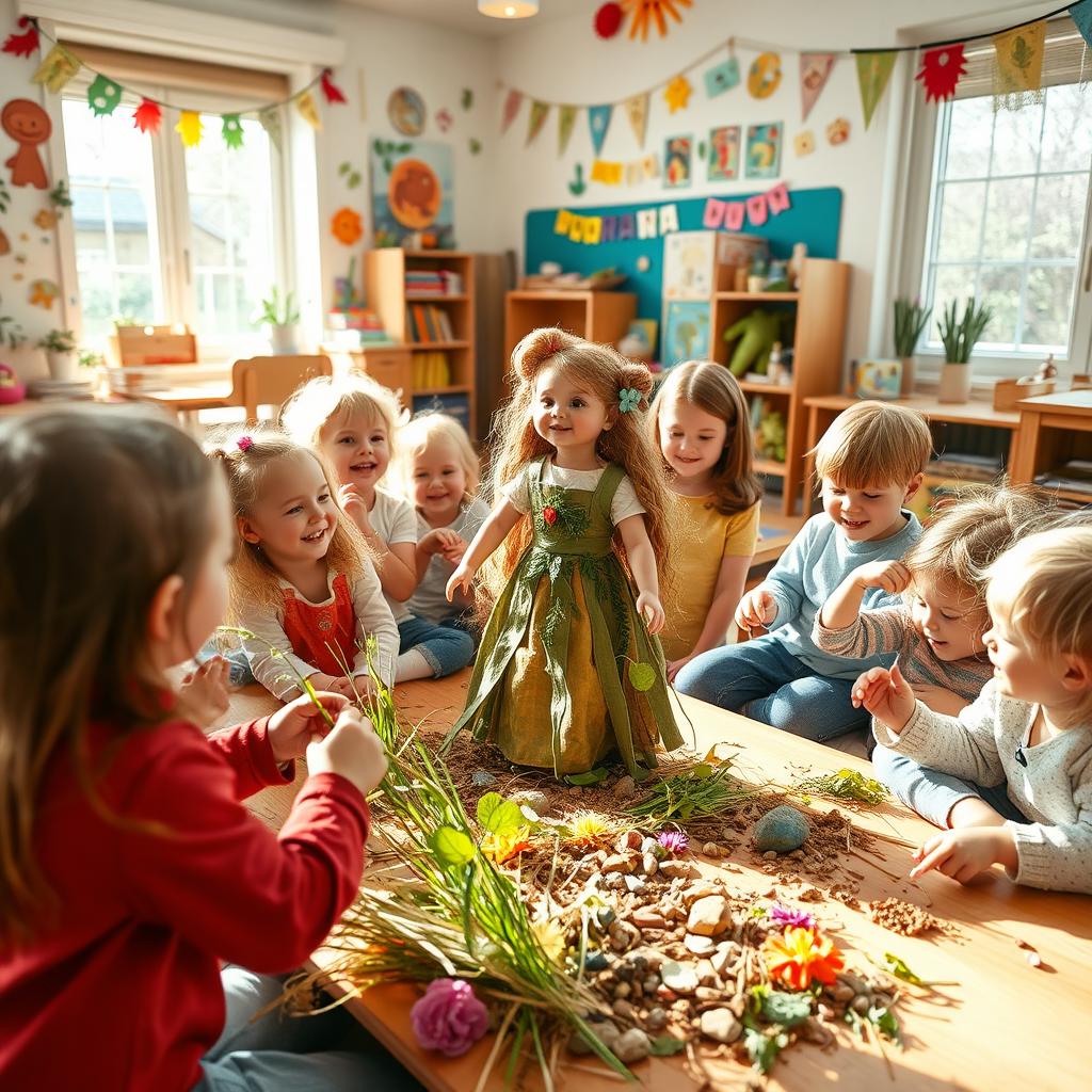 A vibrant and lively scene in a kindergarten classroom where children are joyfully creating a Marzanna doll using natural materials