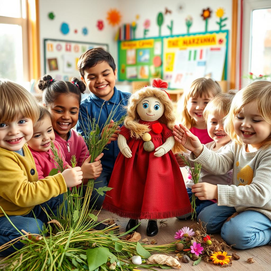 A vibrant and engaging scene of children in a preschool environment, happily crafting a Marzanna (a traditional Slavic doll symbolizing winter) using natural materials