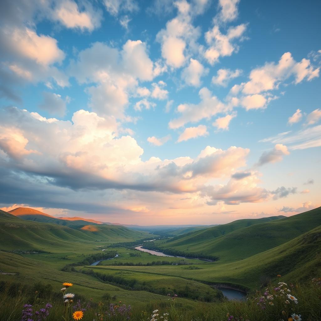An upward expansion of an image featuring serene blue skies dotted with fluffy white clouds, and a lush green landscape below