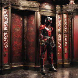 Kamen Rider Drive, iconic Japanese superhero, sincerely confessing to Mickey Mouse in a dimly lit, ornate confessional booth, conveying his involvement in the Iraq war with a heavy heart. Background shows subtle hints of war symbols.