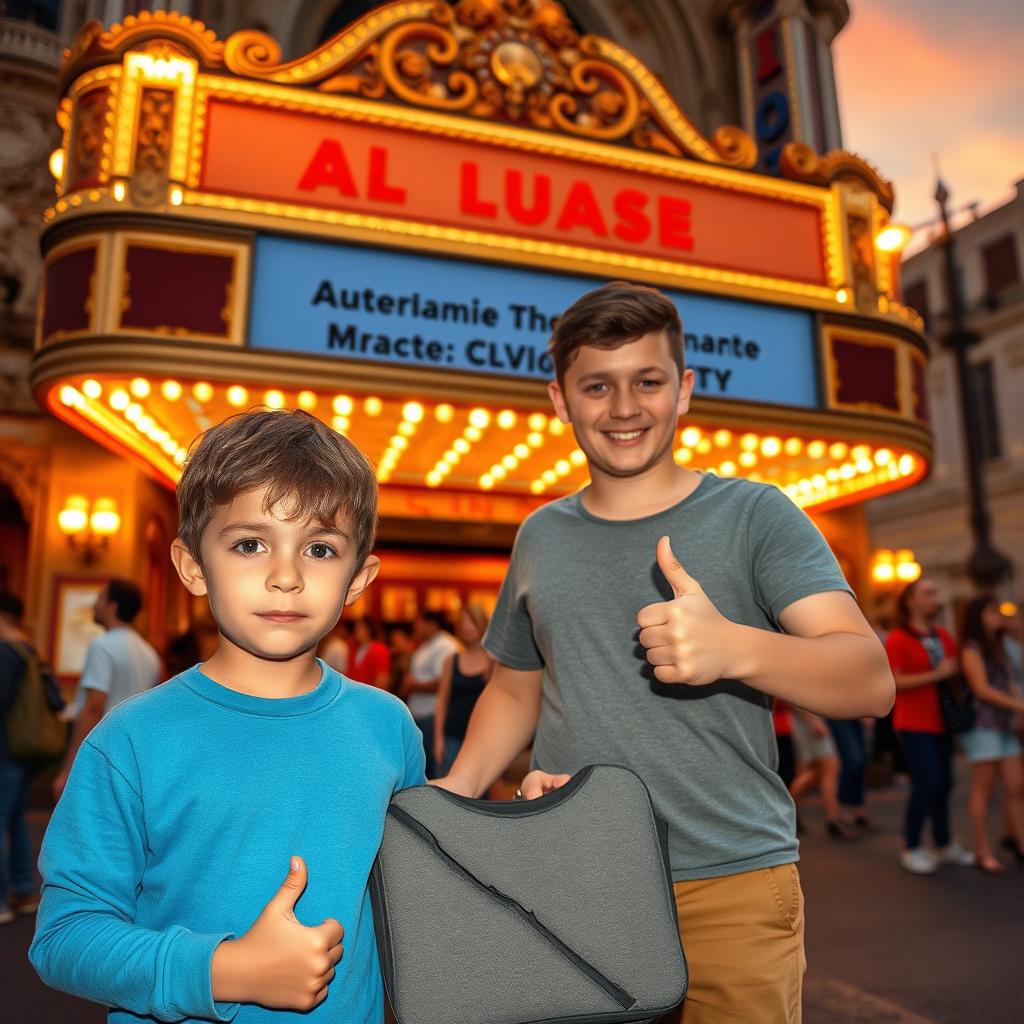 A young boy standing hesitantly in front of a grand theater, his expression showing a mix of apprehension and excitement