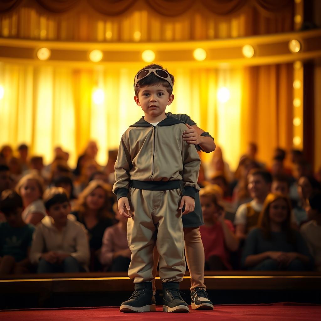 A young boy standing hesitantly on a theater stage, dressed in a costume, looking nervous yet determined