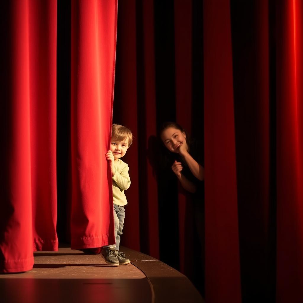 A young boy standing hesitantly on the edge of a theater stage, partially hidden by the curtains, with a look of nervous anticipation on his face