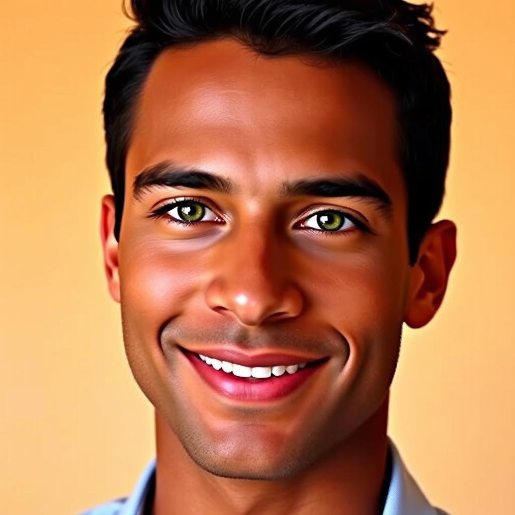 A portrait of a handsome brown-skinned man with striking green eyes