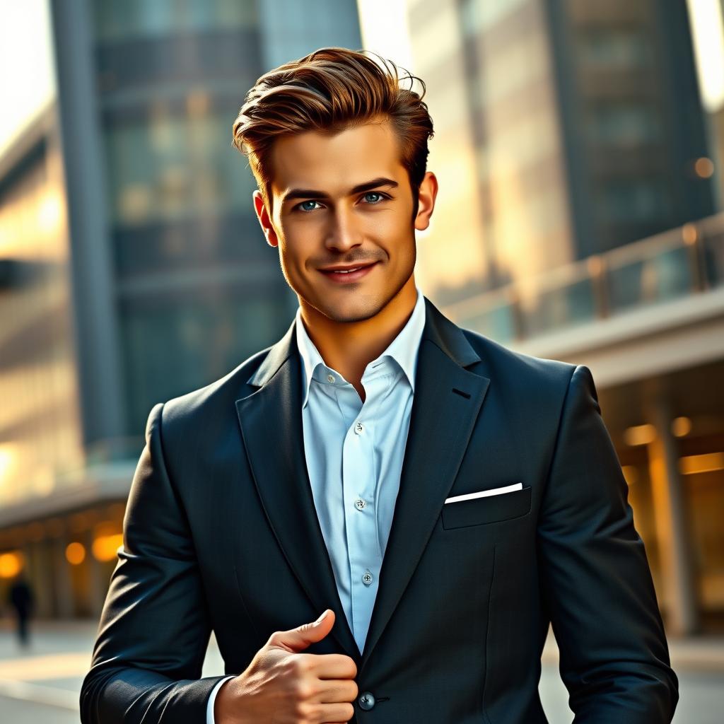 A handsome man with striking features, styled hair, and a confident smile, wearing a tailored suit that emphasizes his physique