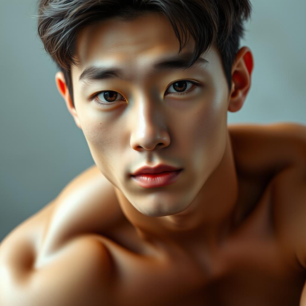 A realistic portrait of an 18-year-old Korean boy who is a high school student