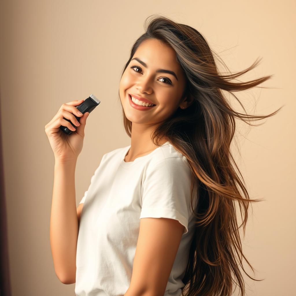 A young woman with long, flowing brown hair, standing confidently while holding a hair clipper in her right hand