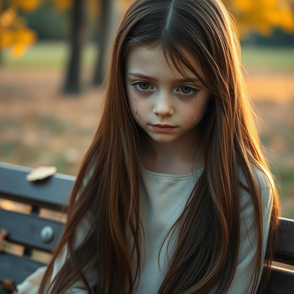 A girl with long, flowing brown hair, tears streaming down her face, conveying deep emotion