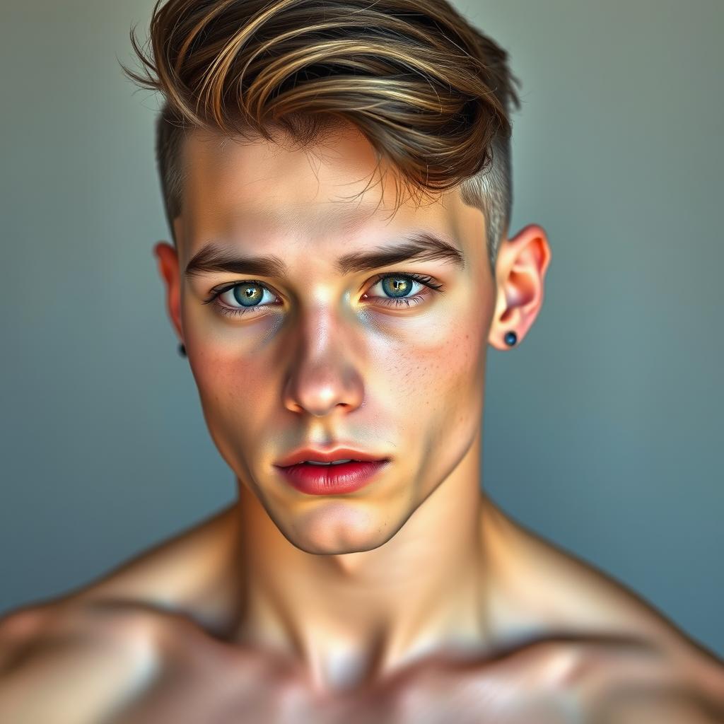 A realistic portrait of an 18-year-old French boy, featuring a high school student with a trendy haircut that includes an undercut and long hair on top