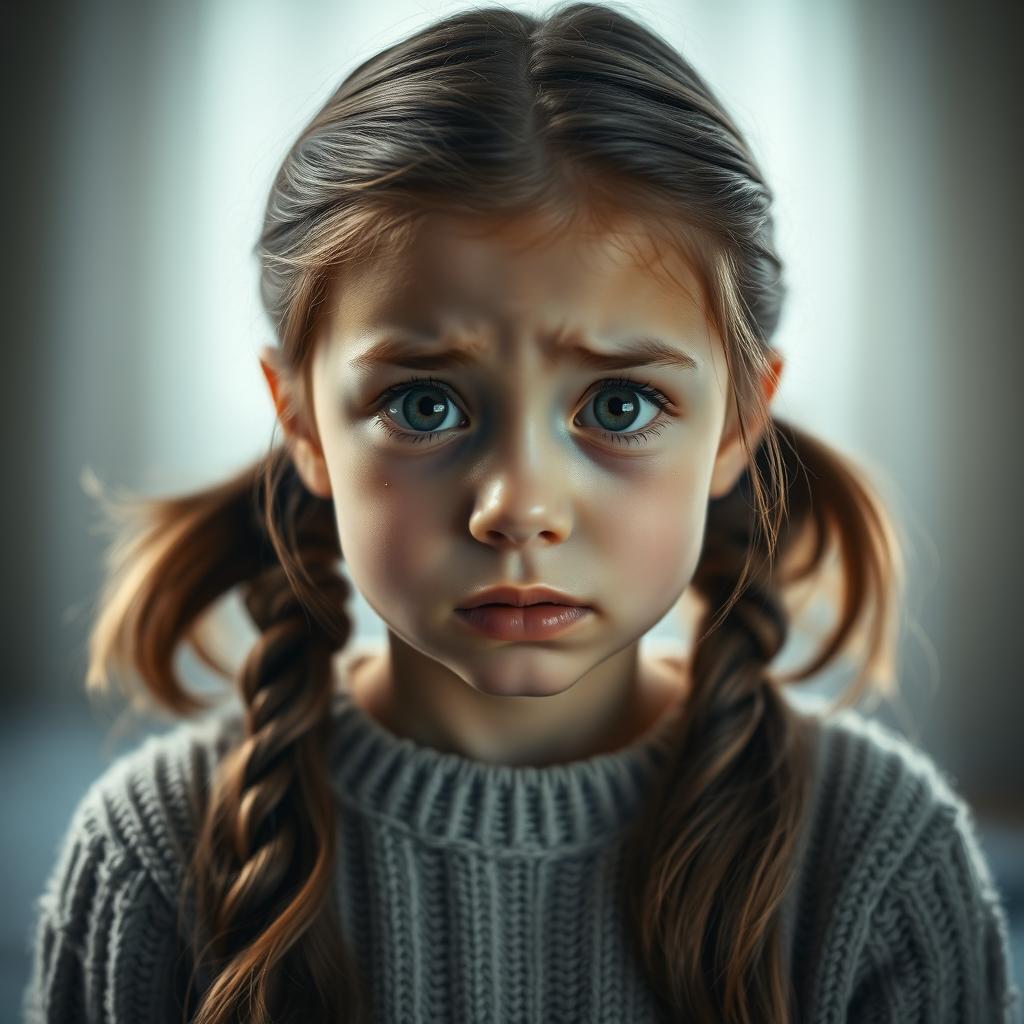 A girl with two long brown ponytails, her face expressive and tearful, captured in a dramatic moment of sorrow