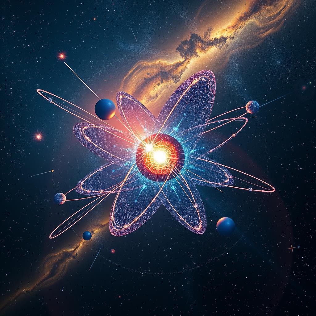 A captivating visual representation of an atom colliding with a constellation, showcasing the intricate details of the atom's nucleus and orbiting electrons in brilliant colors merging with the stunning patterns of the stars that form the constellation