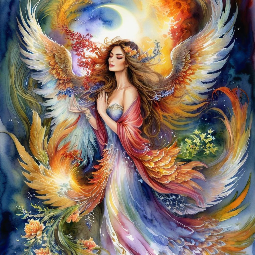 Mystical and spiritual watercolor painting of a beautiful woman resembling a phoenix with four wings in heaven