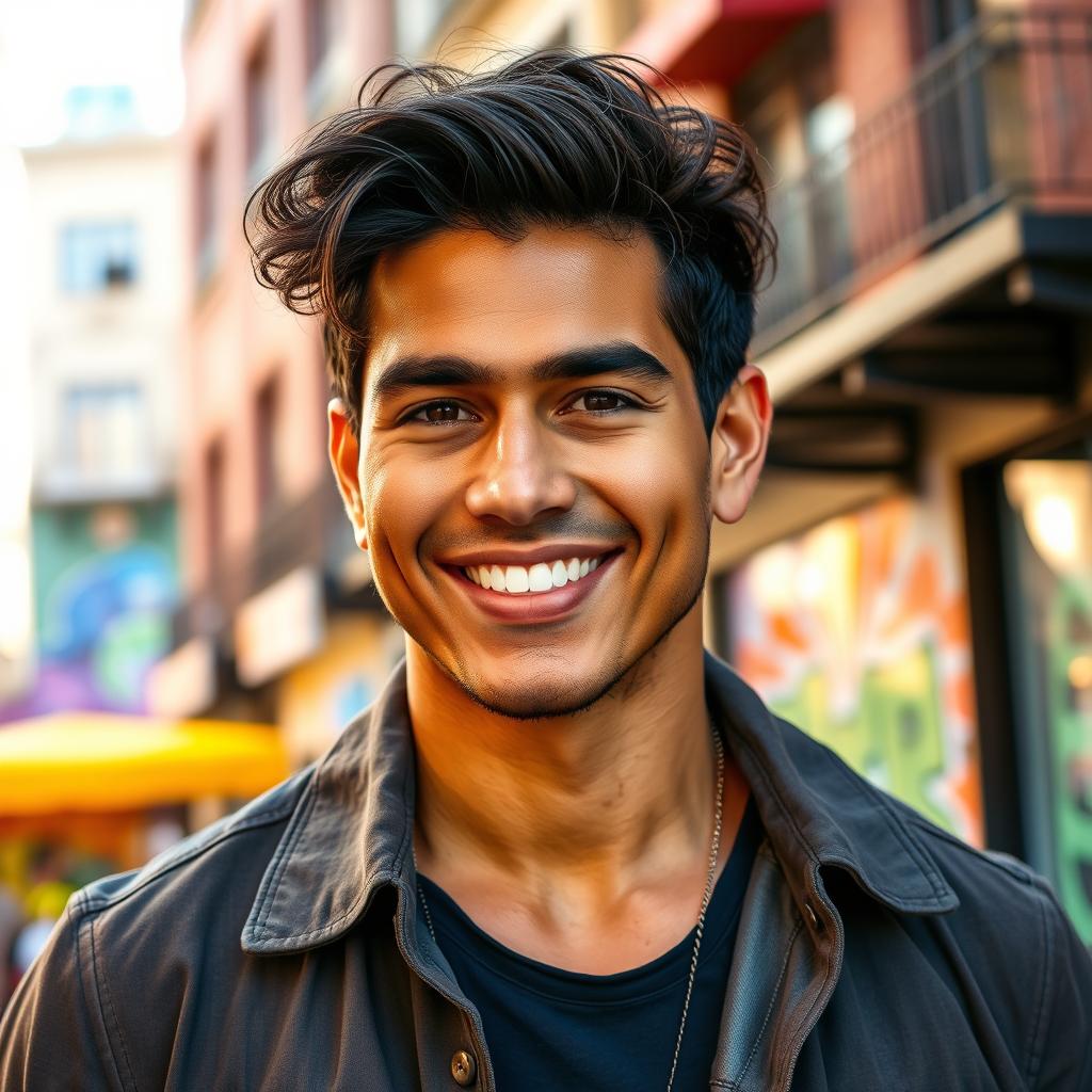 A mixed-race man with beautiful features, striking dark brown hair and warm caramel skin tone
