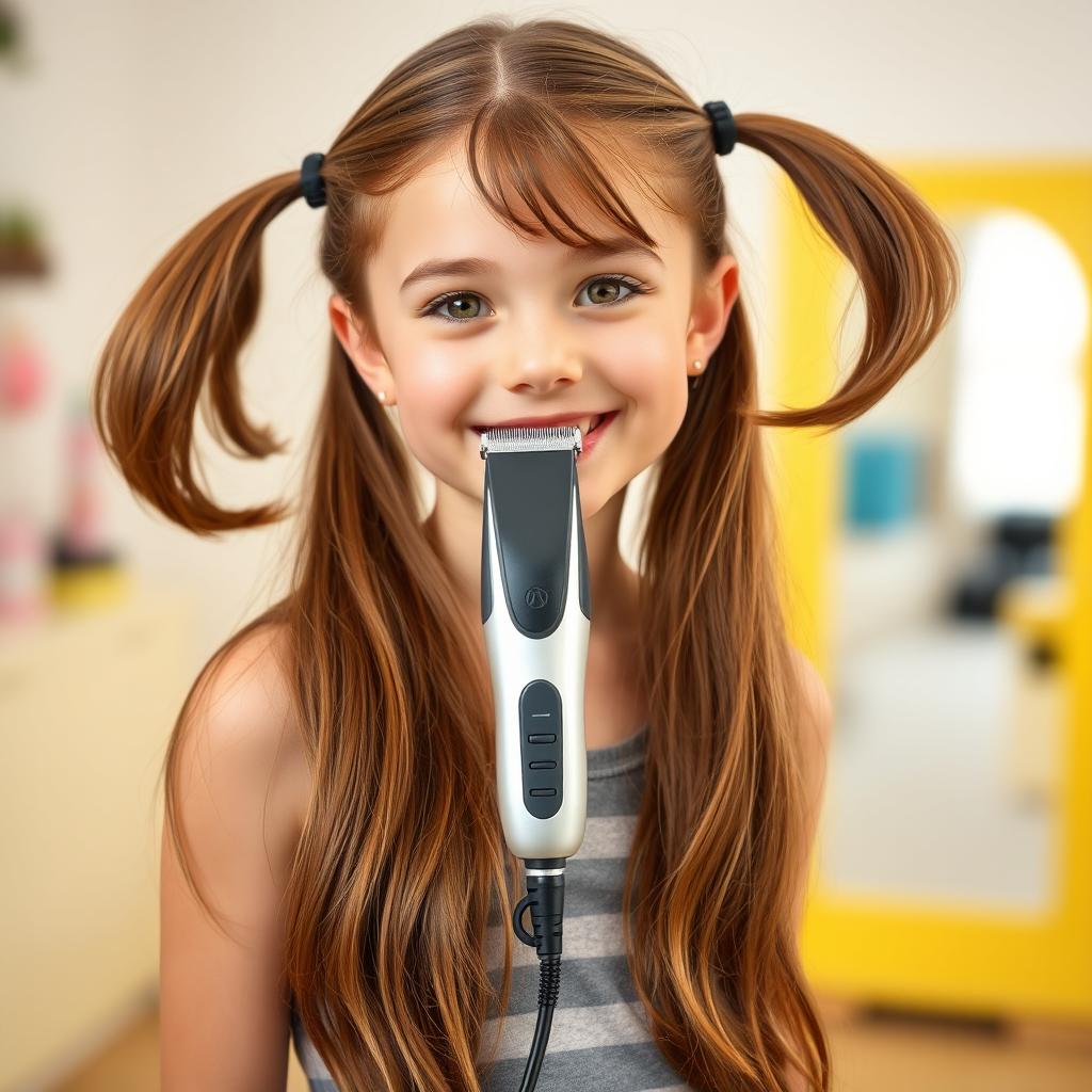 A girl with long brown hair styled into two playful ponytails, standing confidently while holding a hair clipper in front of her hair