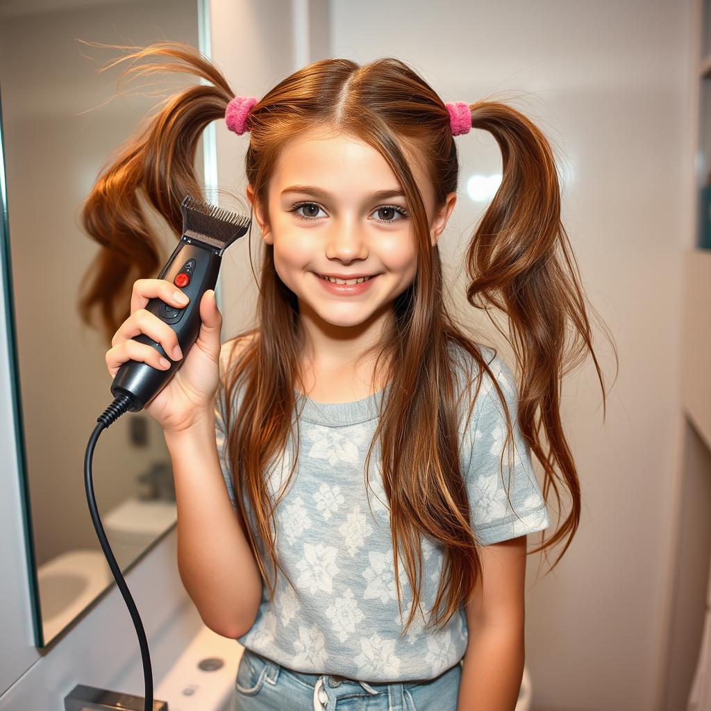 A girl with long brown hair styled into two playful ponytails, one of which she is in the process of shaving