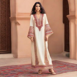 An elegant, exquisitely detailed Moroccan caftan, highlighting traditional embroidery and vibrant patterns, with a modern touch to evoke originality.