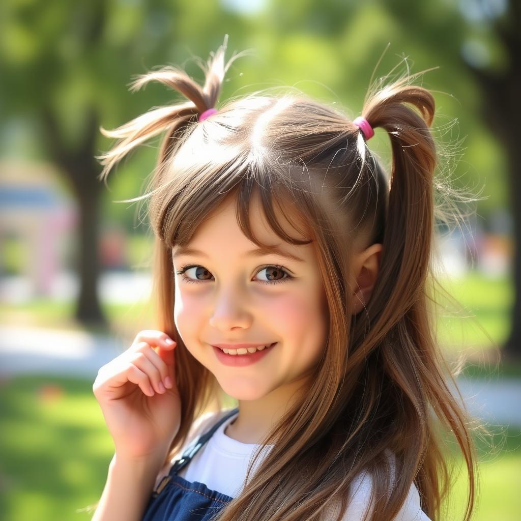 A girl with long brown hair styled into two playful ponytails, one ponytail elegantly positioned on her head and the other gently held in her hand