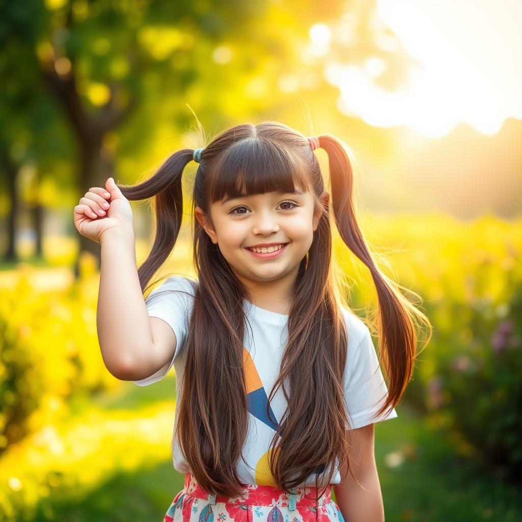 A girl with long brown hair styled into two ponytails, one placed stylishly on her head and the other playfully held in her hand